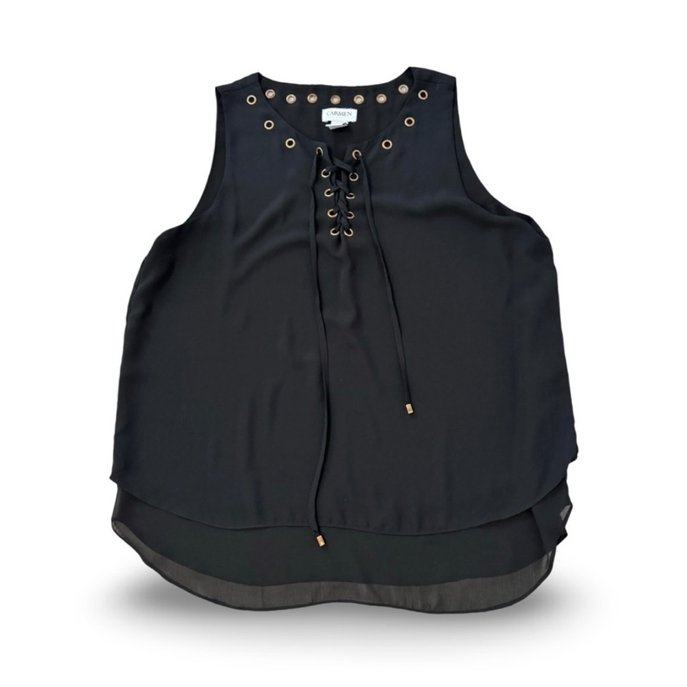 Carmen Marc Valvo Black Sleeveless Ring Hole Patterned Blouse Top